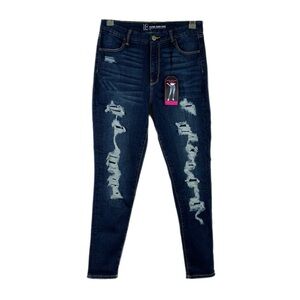 No Boundaries Women’s Dark Wash Distressed Ripped Super High Rise Jeggings